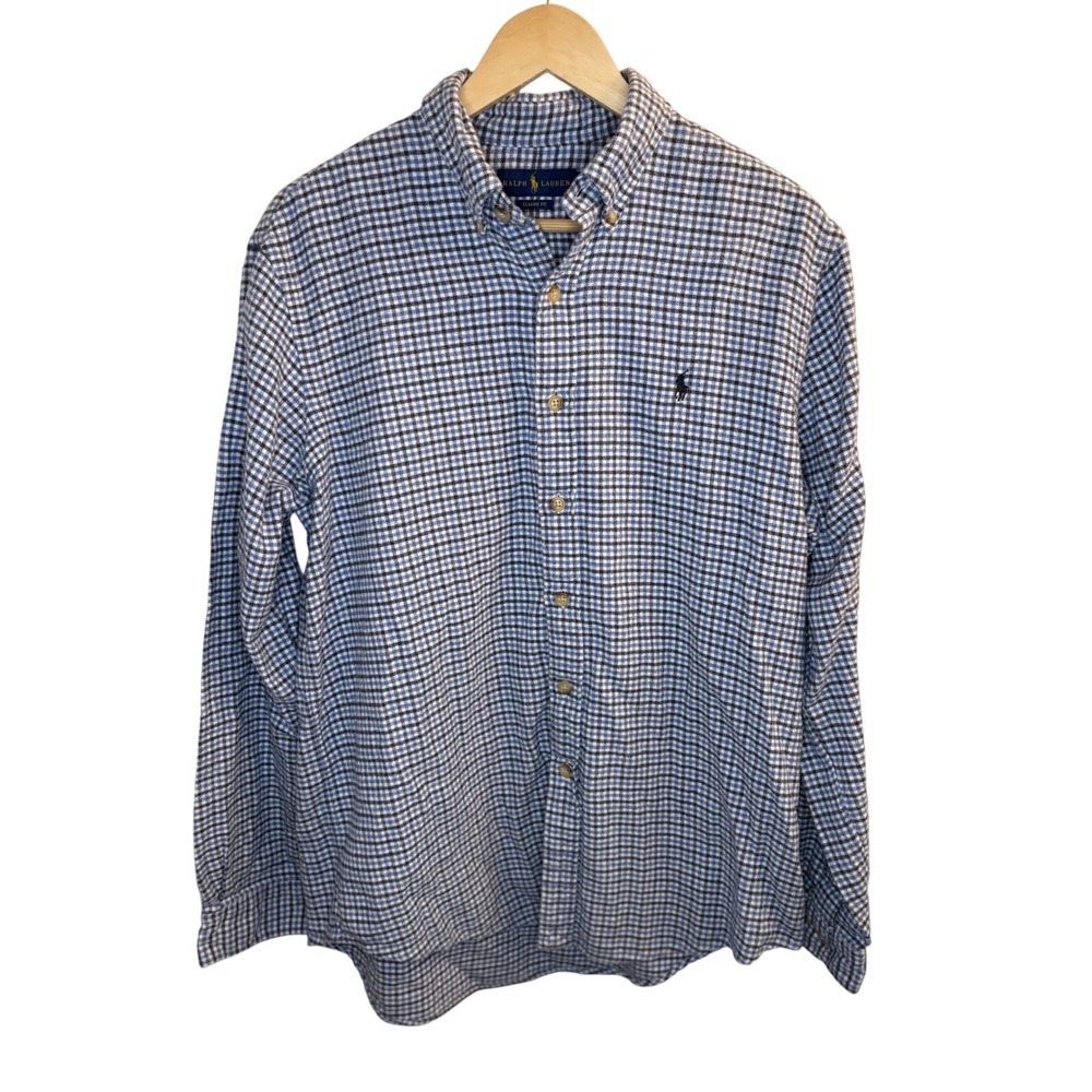 Ralph Lauren Mens Large Classic Fit Blue Gingham Flannel Button Down Shirt L